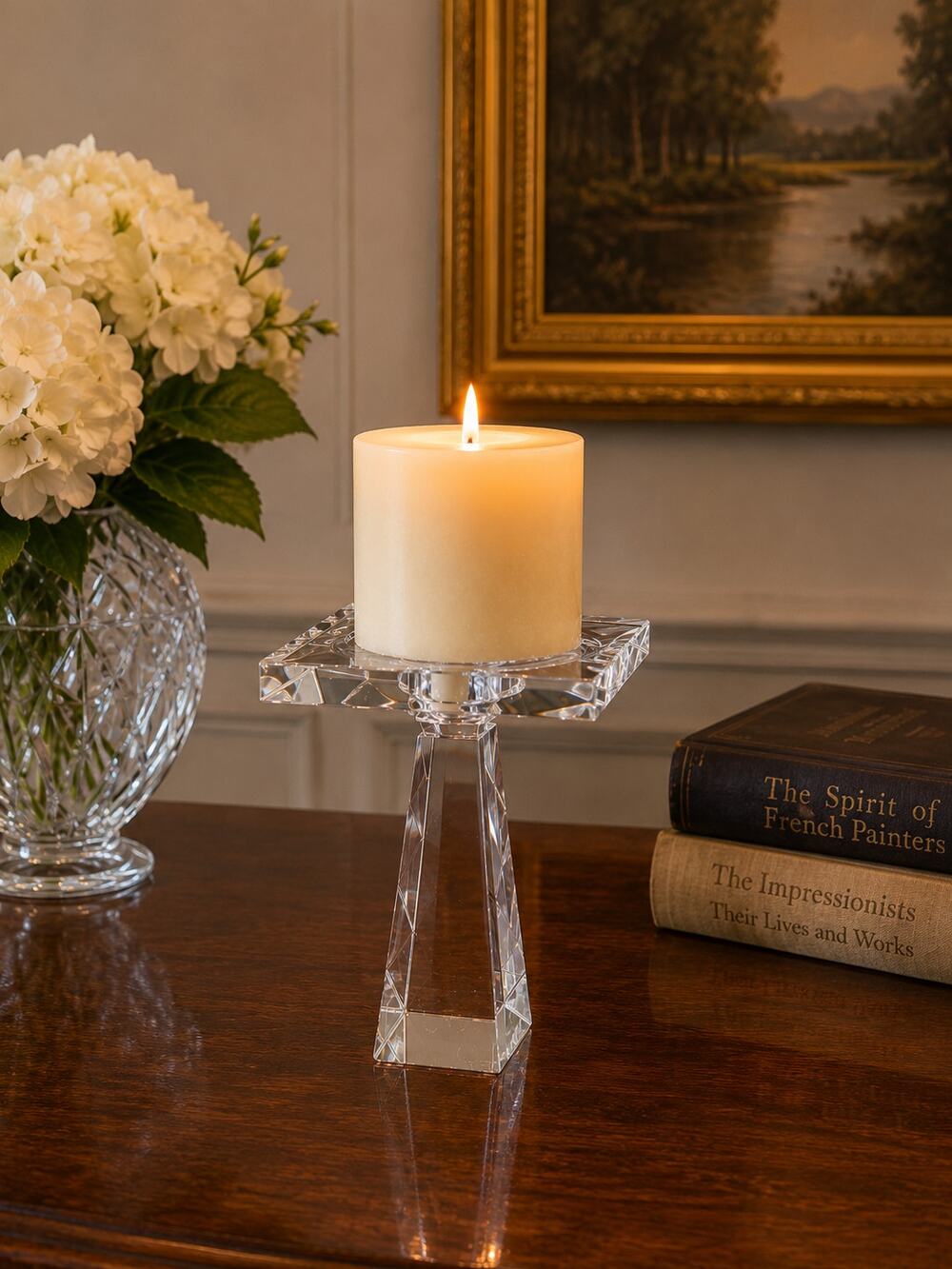 Oleg Cassini Signed Crystal Pedestal Candle Holder 6” Square Modern Lead Crystal